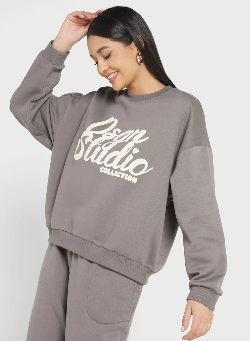 boohoo Slogan Sweatshirt & Pants Set