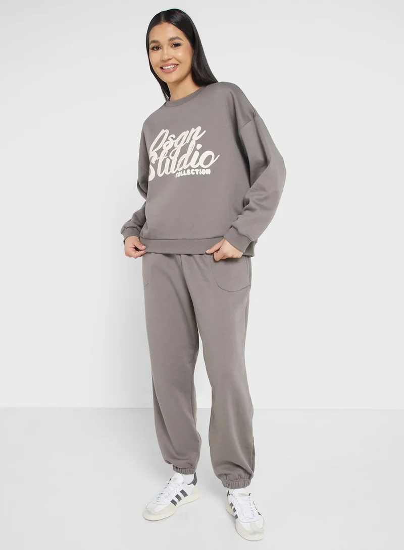 boohoo Slogan Sweatshirt & Pants Set
