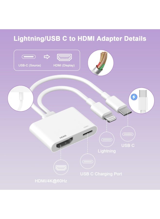 محول 2 في 1 من Lightning و USB-C إلى HDMI لهواتف iPhone، كابل محول رقمي DVI من نوع Lightning و Type C إلى HDMI بدقة 4K@60Hz، لهواتف iPhone 17 و 16 و 15 و 14 و 13 و 12 و 11 و XS و XR و X و 8، مع أجهزة التلفزيون عالية الدقة (HDTV) وأجهزة العرض والشاشات. - Image 2