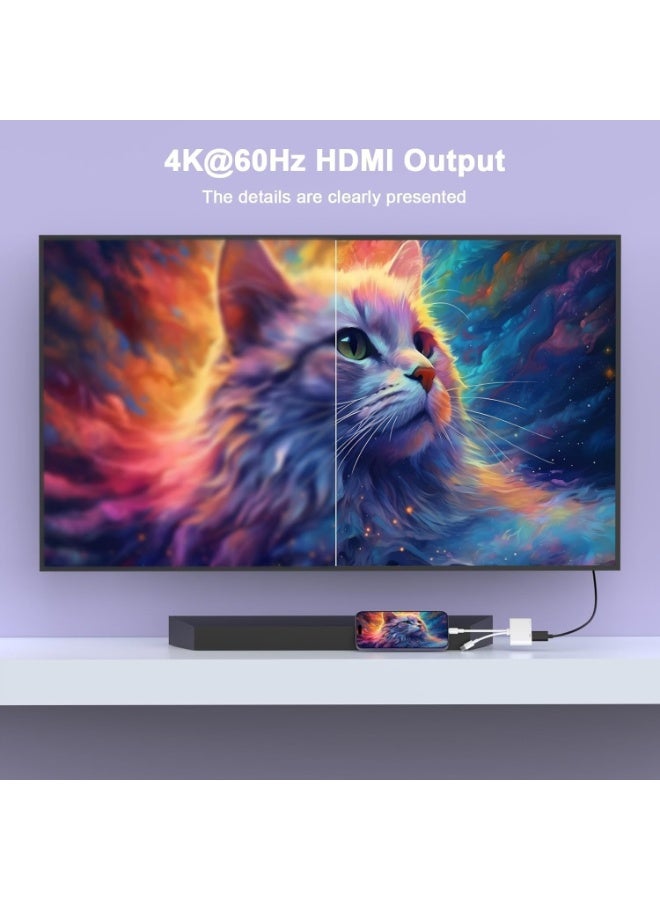 محول 2 في 1 من Lightning و USB-C إلى HDMI لهواتف iPhone، كابل محول رقمي DVI من نوع Lightning و Type C إلى HDMI بدقة 4K@60Hz، لهواتف iPhone 17 و 16 و 15 و 14 و 13 و 12 و 11 و XS و XR و X و 8، مع أجهزة التلفزيون عالية الدقة (HDTV) وأجهزة العرض والشاشات. - Image 4