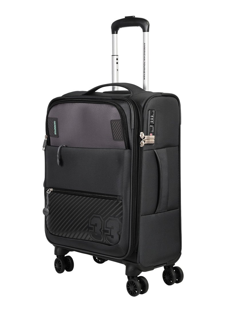 AMERICAN TOURISTER Majoris + Suitcase, Cabin Size 59 cm, 4 Spinner Wheels, Soft Top, 100% Polyester, Black|Corner Guards|Multi Front Pocket|TSA Combination Lock|Expandable|Retractable Aluminum Handle - 3 Years International Warranty - Image 1