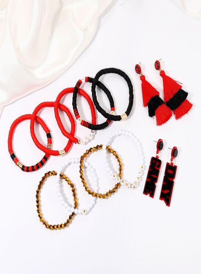 boderier Game Day Bracelets Stackable Heishi Beaded Stretch Bracelet Game Day Tassel Dangle Earring Sport Fan Bracelet Sports Team Jewelry Accessories Gifts Red Black - Image 2