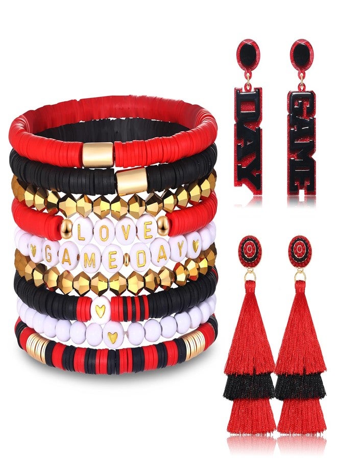 boderier Game Day Bracelets Stackable Heishi Beaded Stretch Bracelet Game Day Tassel Dangle Earring Sport Fan Bracelet Sports Team Jewelry Accessories Gifts Red Black - Image 1