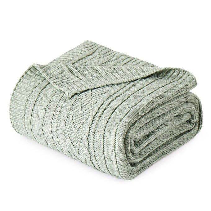 SAGE GREEN CABLE KNIT THROW BLANKET QUEEN SIZE FOR BED COUCH SOFA SUPER SOFT COZY KNITTED BLANKET 90 X 90 BED BLANKETS FULL SIZE