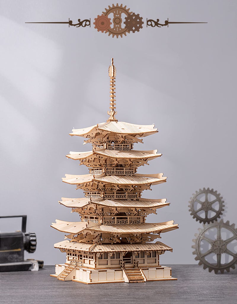 ROBOTIME 3D Puzzle Wooden Craft Kits for Adults DIY Model Building Kit Best Gift for Kids (Five-Storied Pagoda) - Image 4