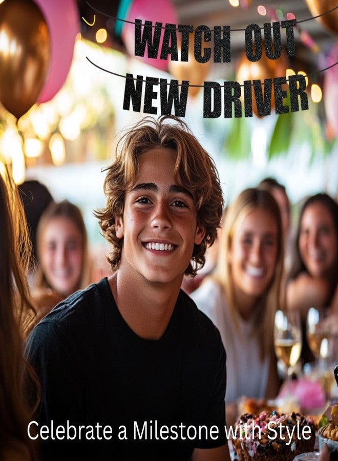 Doczen 16th Birthday Decorations For Boys, Sweet 16 Party Decorations Boy, 16th Birthday Banner Black, Pre-Strung, No-DIY - Watch Out New Driver - Image 4