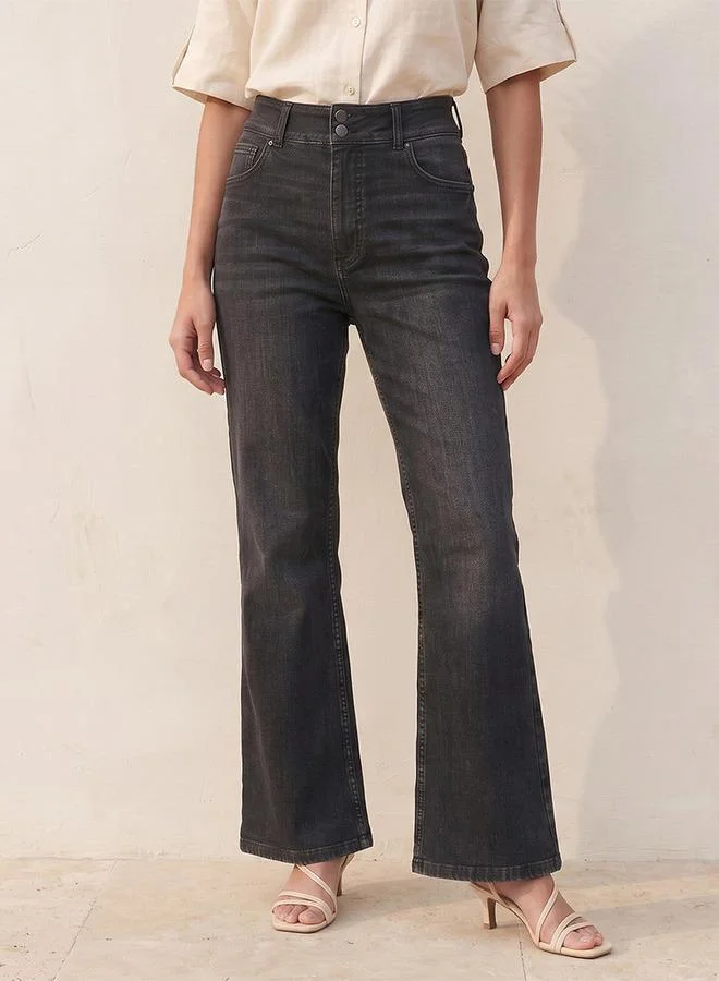 Denim High Waist Bootcut Jeans with Pockets