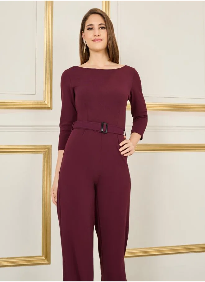ستايلي Textured Belted V Back Detail Wide Leg Jumpsuit with Side Slit