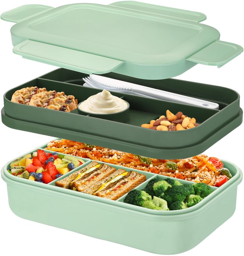 Sinnsally Bento Box Lunch Boxes2000ml Large Bento Lunch Box for Adults KidsStackable Japanese Lunchbox with 8 CompartmentsLeak Proof Meal Prep Container Box with Cutlery SetMicrowave Dishwasher Safe Green