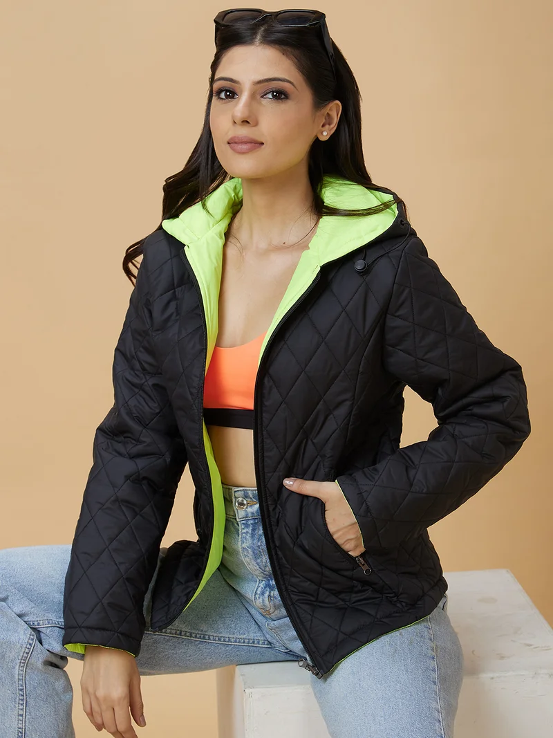 جلو باص Women Quilted Hooded Reversible Jacket