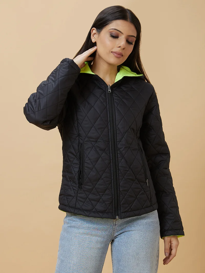 جلو باص Women Quilted Hooded Reversible Jacket