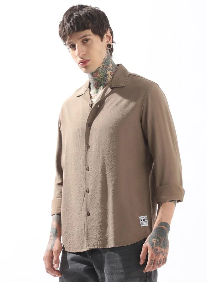 Hubberholme Men's Beige Viscose Rayon Solid Pattern Button Down Relaxed Shirt