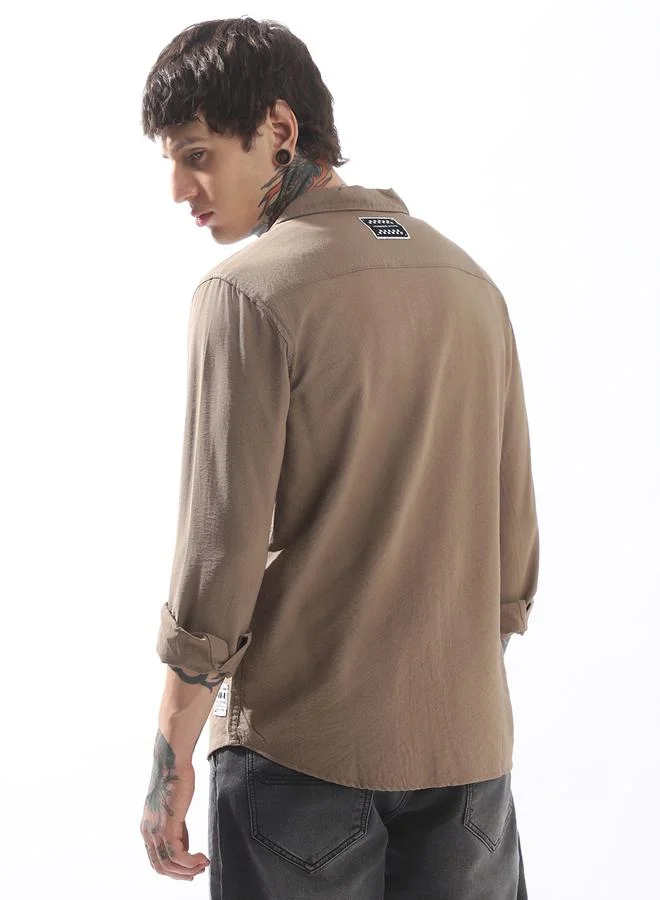 Hubberholme Men's Beige Viscose Rayon Solid Pattern Button Down Relaxed Shirt