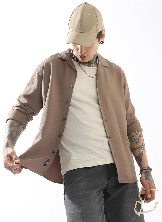 هوبرهولمي Beige Shirts Solid Button Woven Camp Collar Long Sleeves for Men – Make every day iconic