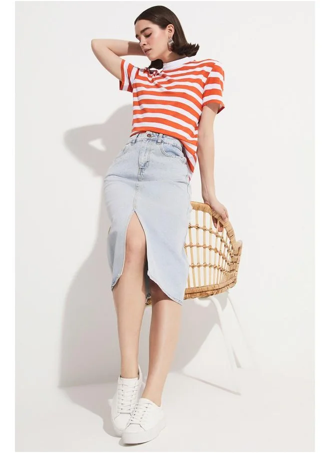 JUNE June Stoned Front Slit Long Jean Skirt Ice Blue