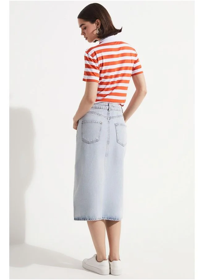 JUNE June Stoned Front Slit Long Jean Skirt Ice Blue