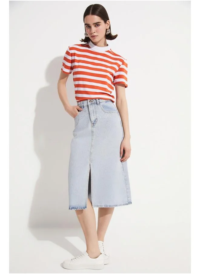 JUNE June Stoned Front Slit Long Jean Skirt Ice Blue