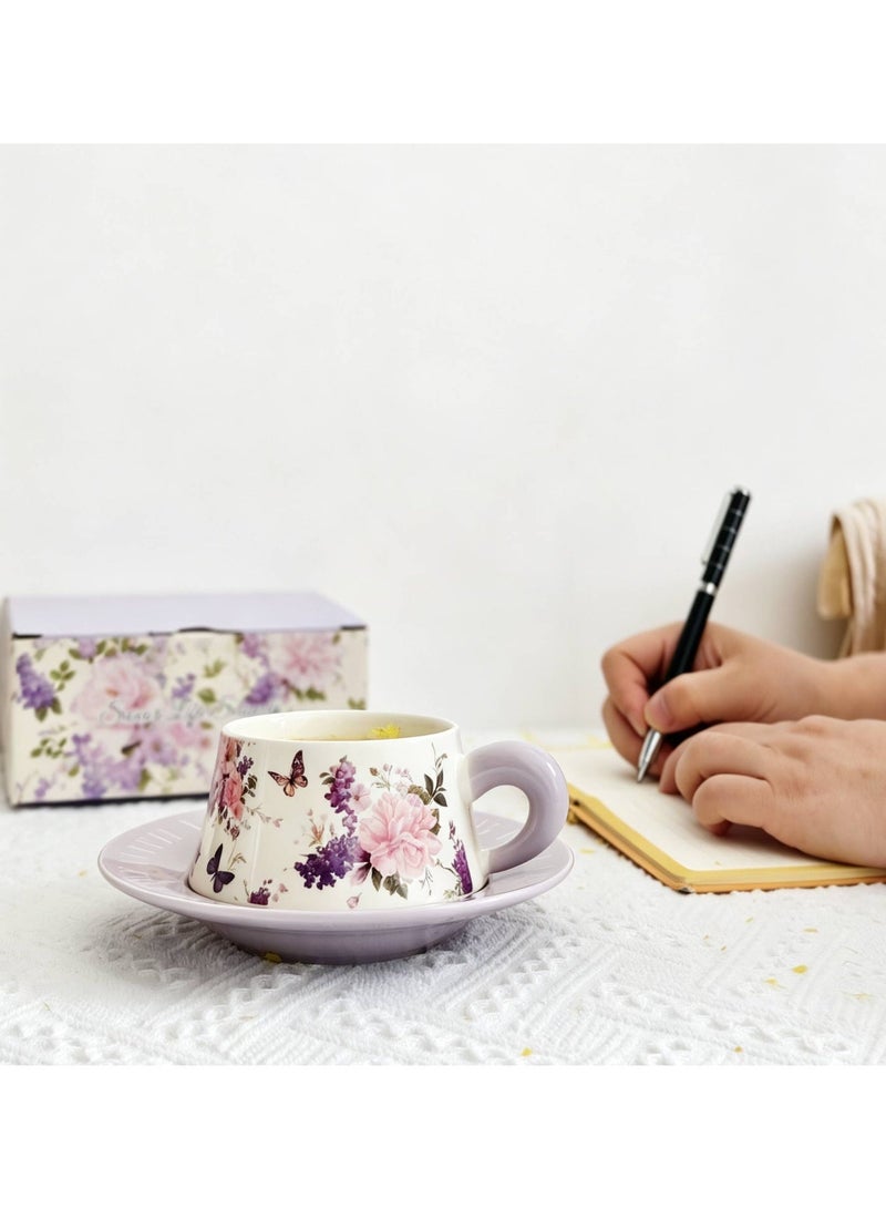 Retro Ceramic Coffee Cup and Saucer Gift Set, 280ml Large Capacity Coffee Cup Set with Gift Box, Elegant Floral Hand-Painted Design, Perfect for Coffee, Tea and Espresso Lovers, Best Gift for Family, Friends, Ramadan, Eid, Housewarmings, Birthday and Any Other Occasions - Image 5