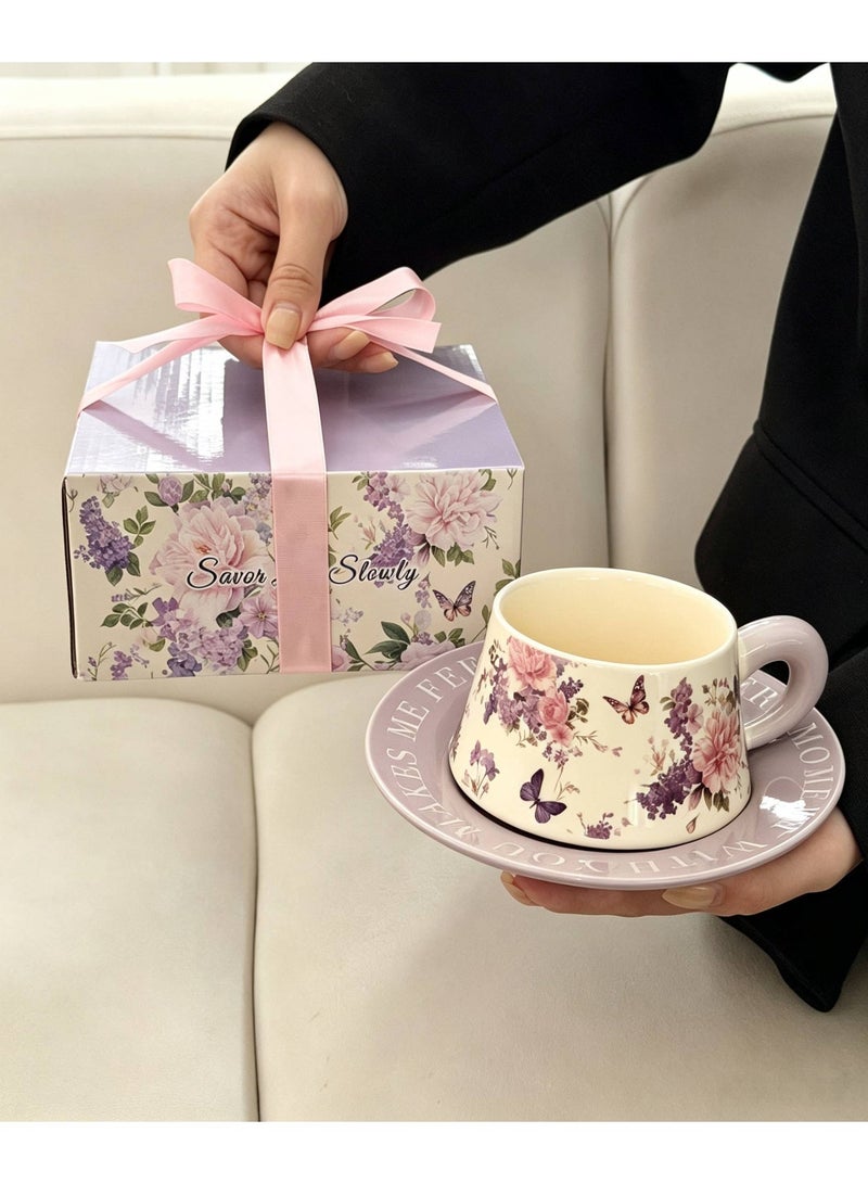 Retro Ceramic Coffee Cup and Saucer Gift Set, 280ml Large Capacity Coffee Cup Set with Gift Box, Elegant Floral Hand-Painted Design, Perfect for Coffee, Tea and Espresso Lovers, Best Gift for Family, Friends, Ramadan, Eid, Housewarmings, Birthday and Any Other Occasions - Image 1
