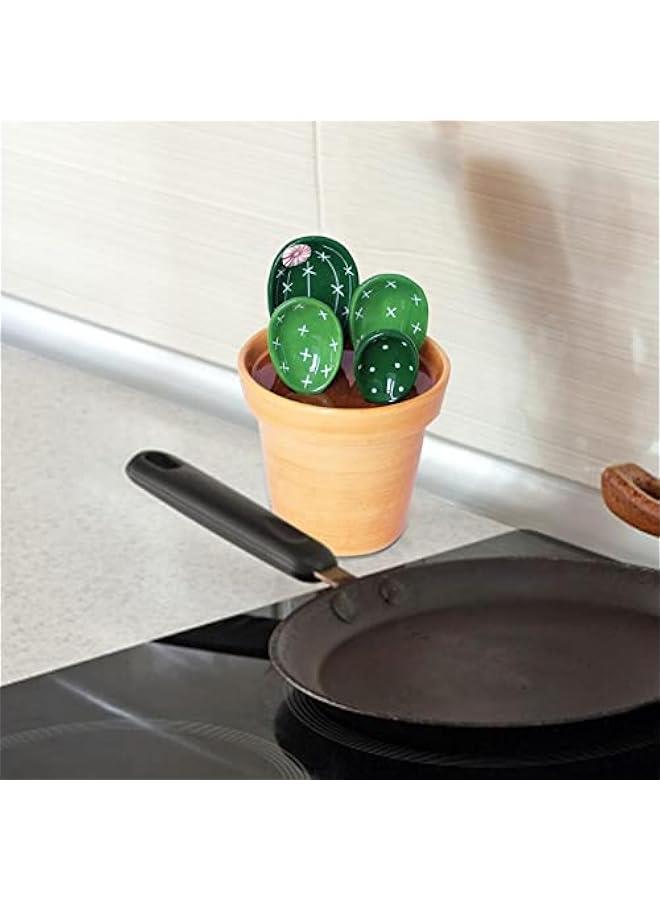 4 Cactus Measuring Spoons And Cups Set,Porcelain Measuring Spoons With Base,Cute Cactus Shape,Cactus Measuring Spoons Set In Pot Ceramic Kitchen Measuring Cups And Spoons Set For Baking Salt Sugar  - Image 4