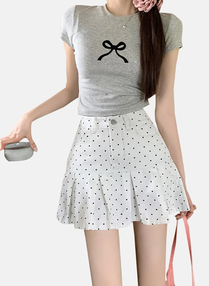 يونيكي White Polka Dots  Denim Mini Skirt