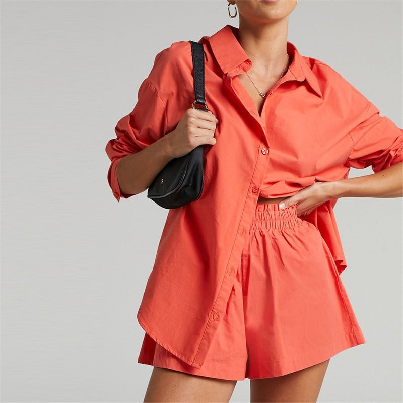 and 2022 Spring and Summer Two-piece Solid Color Single-breasted Long-sleeved Lapel Shirt Shorts Loose Fashion Casual Suit - Image 2