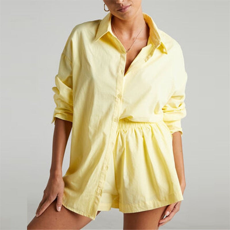 and 2022 Spring and Summer Two-piece Solid Color Single-breasted Long-sleeved Lapel Shirt Shorts Loose Fashion Casual Suit - Image 4