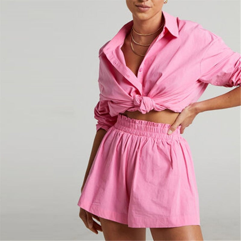 and 2022 Spring and Summer Two-piece Solid Color Single-breasted Long-sleeved Lapel Shirt Shorts Loose Fashion Casual Suit - Image 3