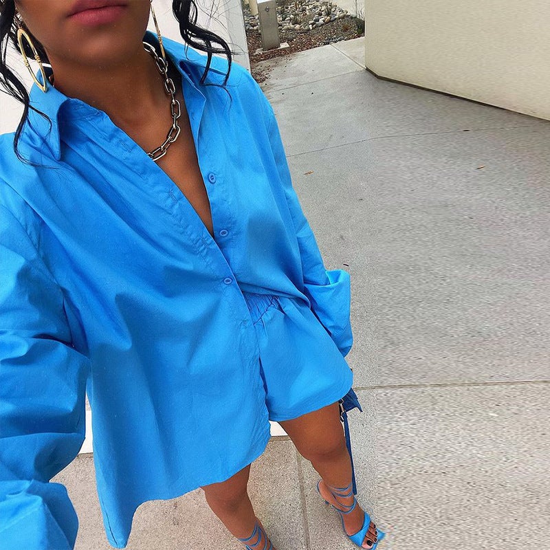 and 2022 Spring and Summer Two-piece Solid Color Single-breasted Long-sleeved Lapel Shirt Shorts Loose Fashion Casual Suit - Image 5
