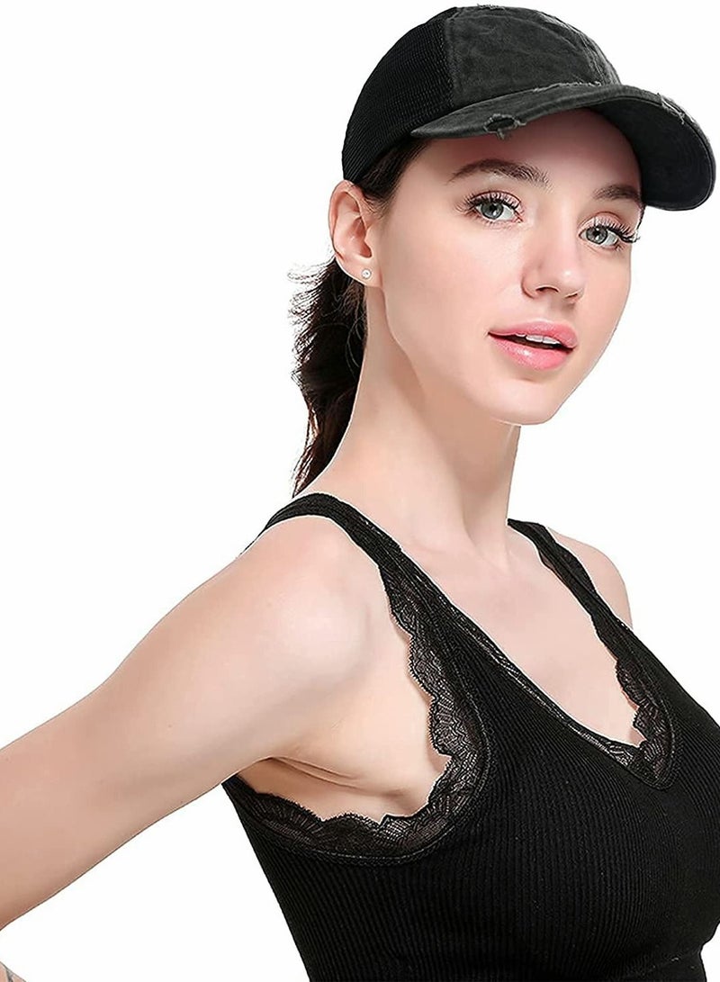 KASTWAVE Lady Trucker Hat, Cross Ponytail Hat, High Ponytail Hat, Women's Baseball Cap, Beanie(Black)  - Image 3