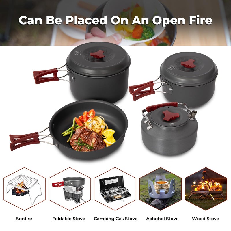 Bulin Camping Cookware Pots and Pans Set, Lightweight Backpacking Cooking Set Outdoor Cook Gear for Family Hiking Picnic (Kettle, Pot, Frying Pan, Bowls, Plates, Spoon) - Image 3