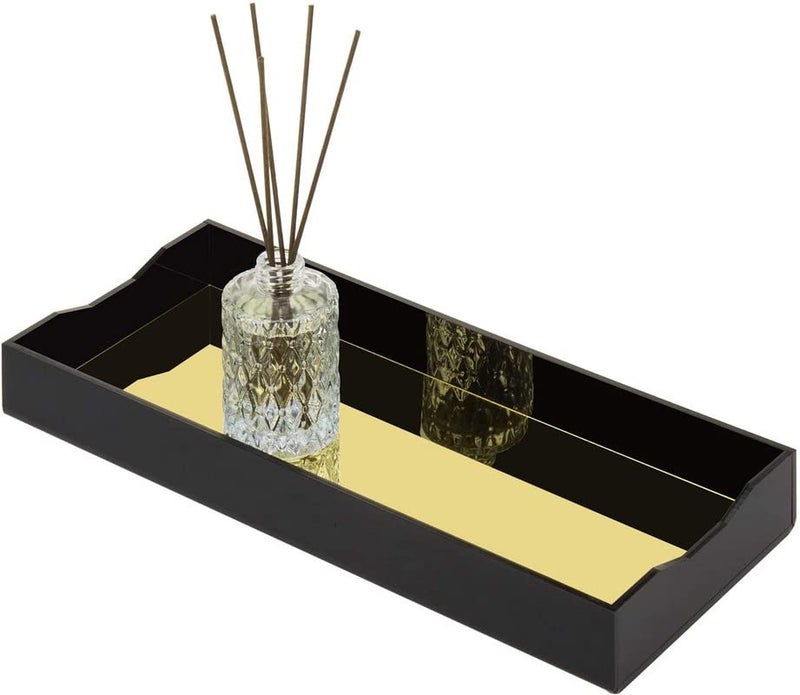 SHARMA PLASTICS Modern Premium Black Acrylic Top Storage Tray, Bathroom Vanity Makeup Accessories Tray w/Reflective Gold Tone Bottom - Image 1