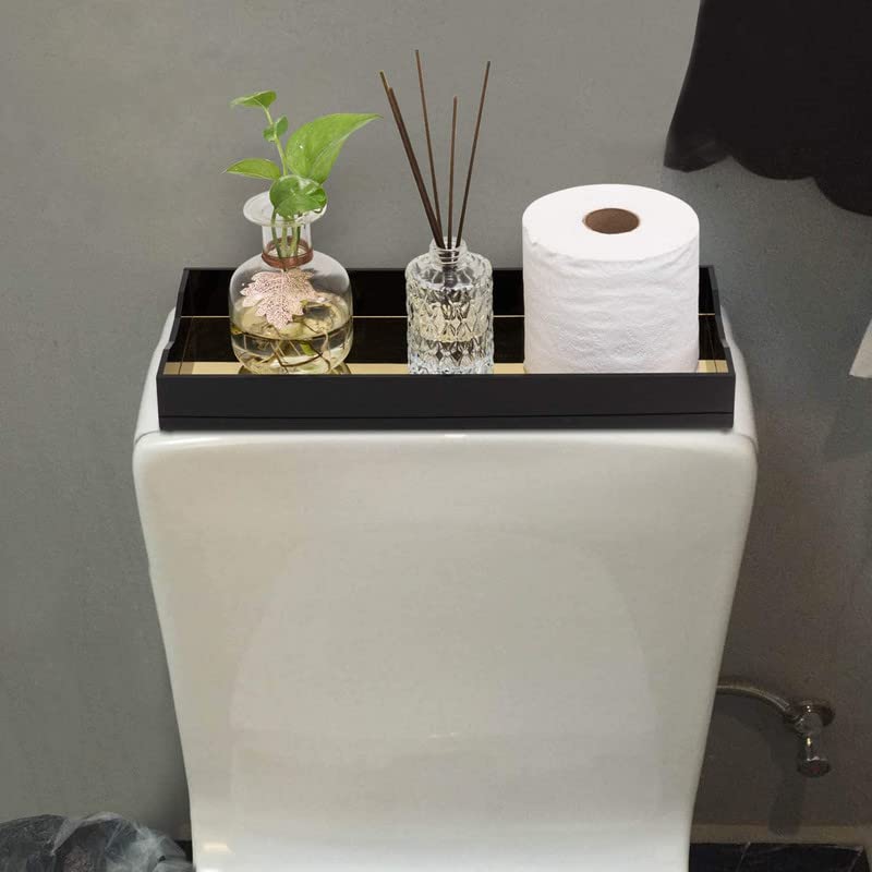 SHARMA PLASTICS Modern Premium Black Acrylic Top Storage Tray, Bathroom Vanity Makeup Accessories Tray w/Reflective Gold Tone Bottom - Image 2