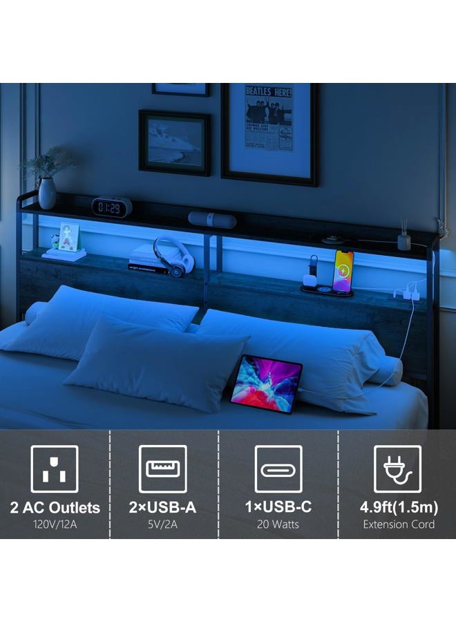 METYERRY Adjustable Full Size Headboard with Outlets, USB Ports,Type-C,LED Lights, and Storage, Rustic Brown, Sturdy Headboard for Enhanced Comfort and Functionality,Black Oak,Bed Frame NOT Included - Image 4