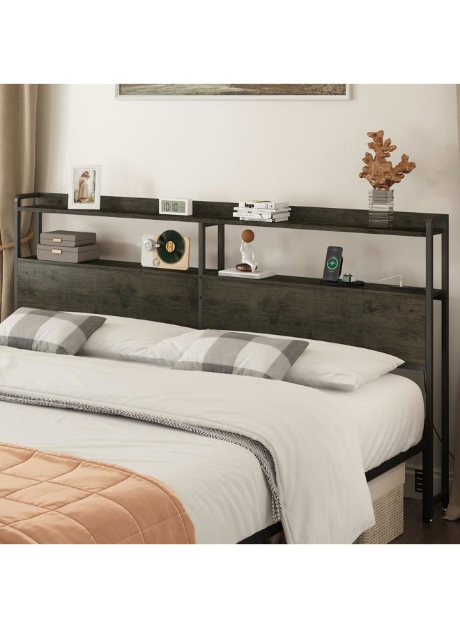 METYERRY Adjustable Full Size Headboard with Outlets, USB Ports,Type-C,LED Lights, and Storage, Rustic Brown, Sturdy Headboard for Enhanced Comfort and Functionality,Black Oak,Bed Frame NOT Included - Image 1