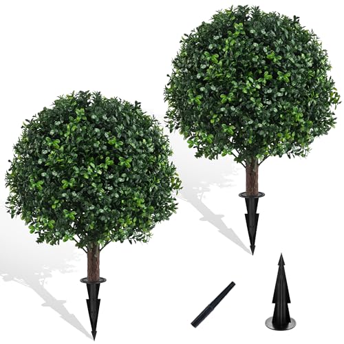 Chillchard Set of 2 Artificial Boxwood Ball Trees for Outdoor with Spike UV Resistant Faux Topiary Ball Fake Plants Greenery Round Shrubs Bushes for Entryway Front Porch Decor - Image 1