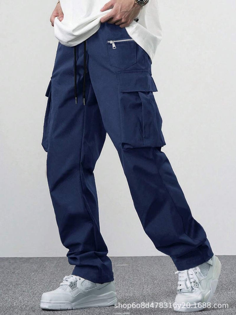 Solid Color Simple American Style Loose Multi-Pocket Casual Pants Men'S And Women'S Straight Retro Overalls - Image 1