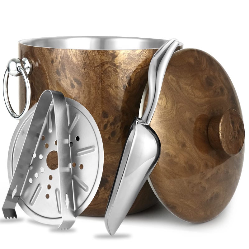 WENEGG Ice Bucket with Lid, Scoop, Tongs and Strainer - Well Made Insulated Stainless Steel Keep Ice Frozen Longer - Ideal for Cocktail Bar, Parties, Chilling Wine, Champagne - 3 Liter (Teakwood) - Image 1
