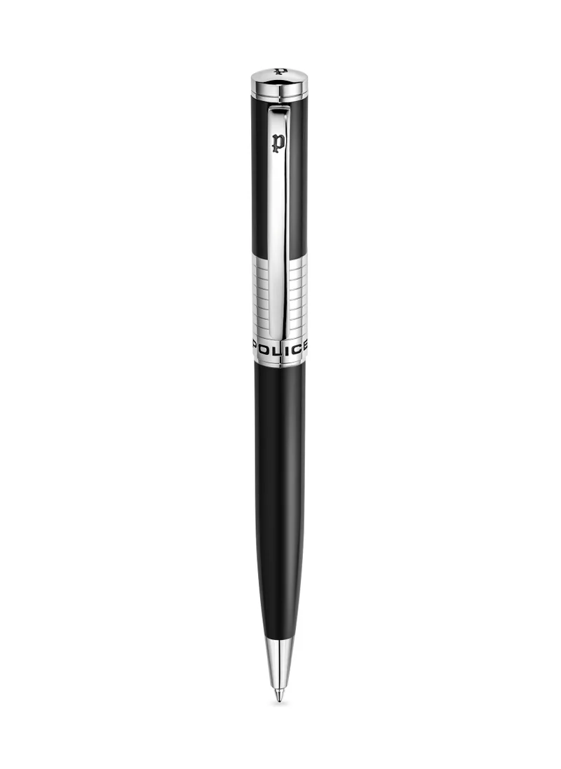 بوليس Police Meiryo Black Stainless Steel Textured Pen with Silver Trims, Blue Ink - 138 mm