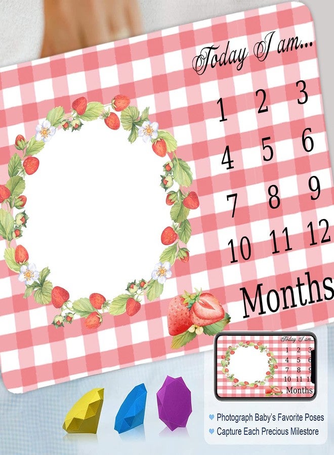 FHZON Strawberry Wreath Milestone Blanket Pink Plaid Baby Blanket Plant Personalized Swaddling Blanket Outdoor Crawling Mat 48x48in BTMYFH84 - Image 2