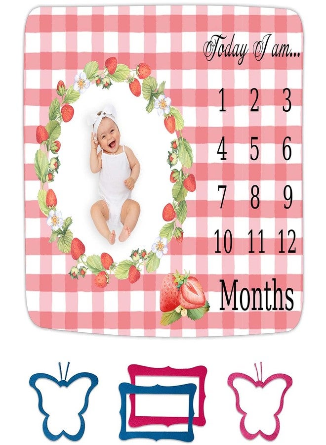 FHZON Strawberry Wreath Milestone Blanket Pink Plaid Baby Blanket Plant Personalized Swaddling Blanket Outdoor Crawling Mat 48x48in BTMYFH84 - Image 1