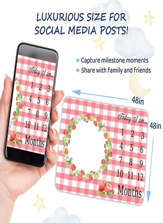 FHZON Strawberry Wreath Milestone Blanket Pink Plaid Baby Blanket Plant Personalized Swaddling Blanket Outdoor Crawling Mat 48x48in BTMYFH84 - Image 3