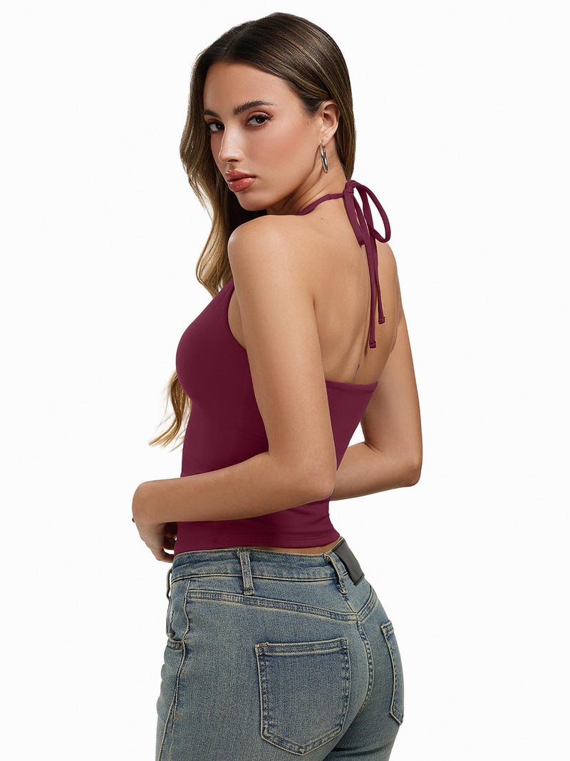 REORIA Women's Tie Halter Tank Tops Basic Scoop Neck Backless Double Lined Going Out Outfits Cute Summer Trendy Sleeveless Shirts Burgundy - Image 3