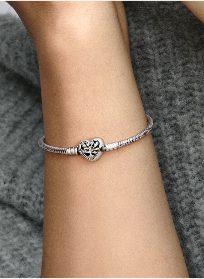 PANDORA - Pandora Moments Snake Chain Sterling Silver Heart Clasp Bracelet for Women with Clear Cubic Zirconia and Black Enamel 598827C01 - Image 1