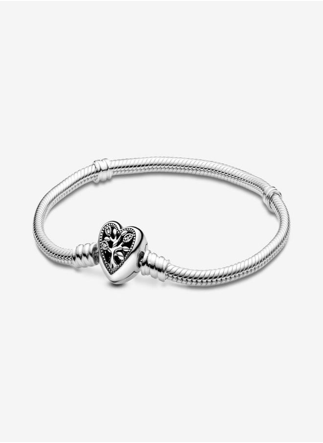 PANDORA - Pandora Moments Snake Chain Sterling Silver Heart Clasp Bracelet for Women with Clear Cubic Zirconia and Black Enamel 598827C01 - Image 1
