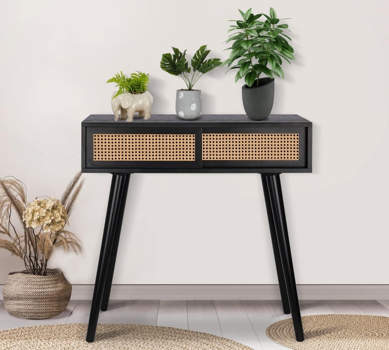 ZYBT Console Table Small Entryway Table, 31" Console Tables for Entryway, Rattan Dresser Side Table Black Entry Table Narrow Console Table Modern Hallway Table Boho Sofa Table for Living Room, Vanity Desk - Image 3