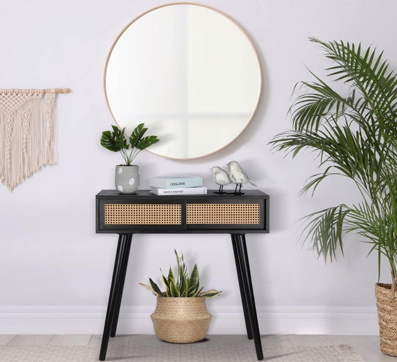 ZYBT Console Table Small Entryway Table, 31" Console Tables for Entryway, Rattan Dresser Side Table Black Entry Table Narrow Console Table Modern Hallway Table Boho Sofa Table for Living Room, Vanity Desk - Image 1