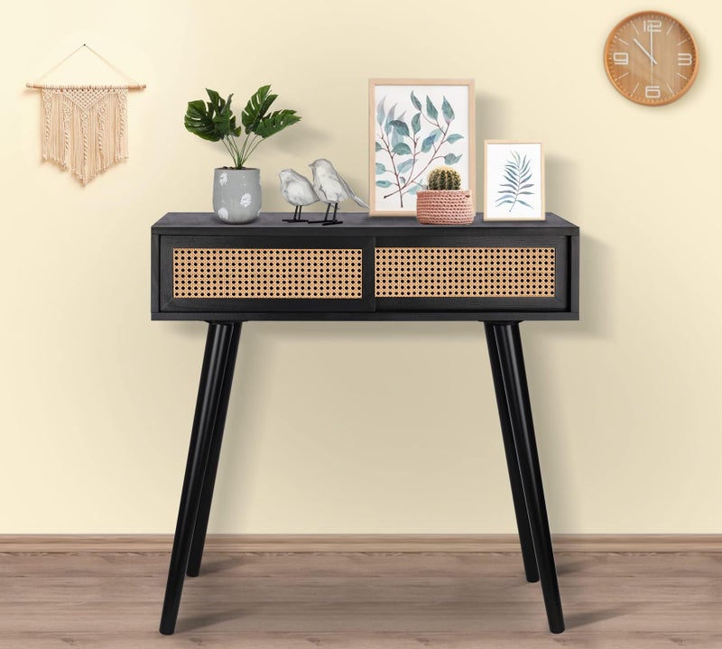 ZYBT Console Table Small Entryway Table, 31" Console Tables for Entryway, Rattan Dresser Side Table Black Entry Table Narrow Console Table Modern Hallway Table Boho Sofa Table for Living Room, Vanity Desk - Image 4
