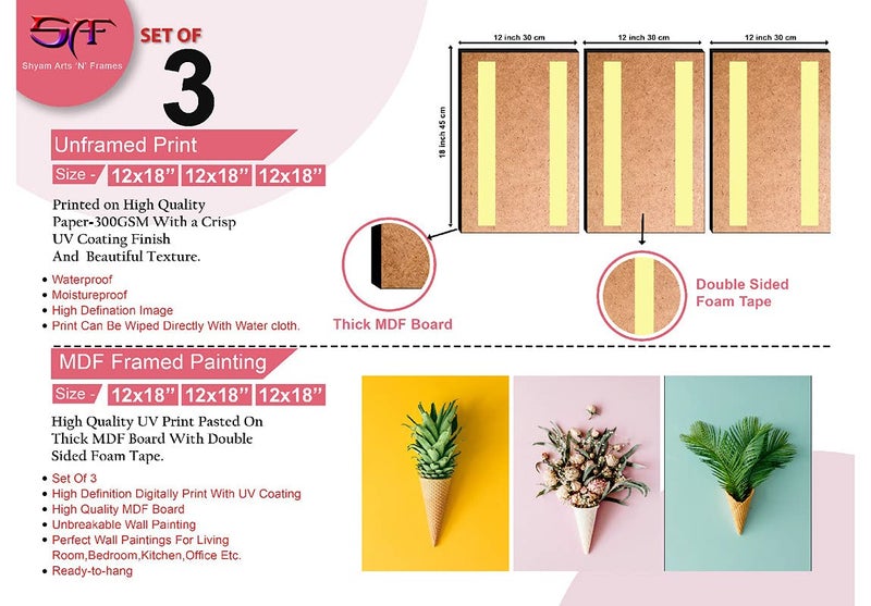 SAF paintings Preety Floral and Leaf in Cone Pot UV Textured Multi-Effect Self Adhesive Painting - 36 Inch X 18 Inch - 3 Piece - Image 3