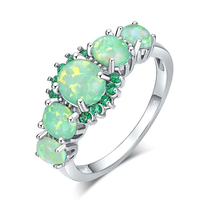 CiNily Silver Plated Green Opal Emerald Gemstone Ring Size 7 - Image 1